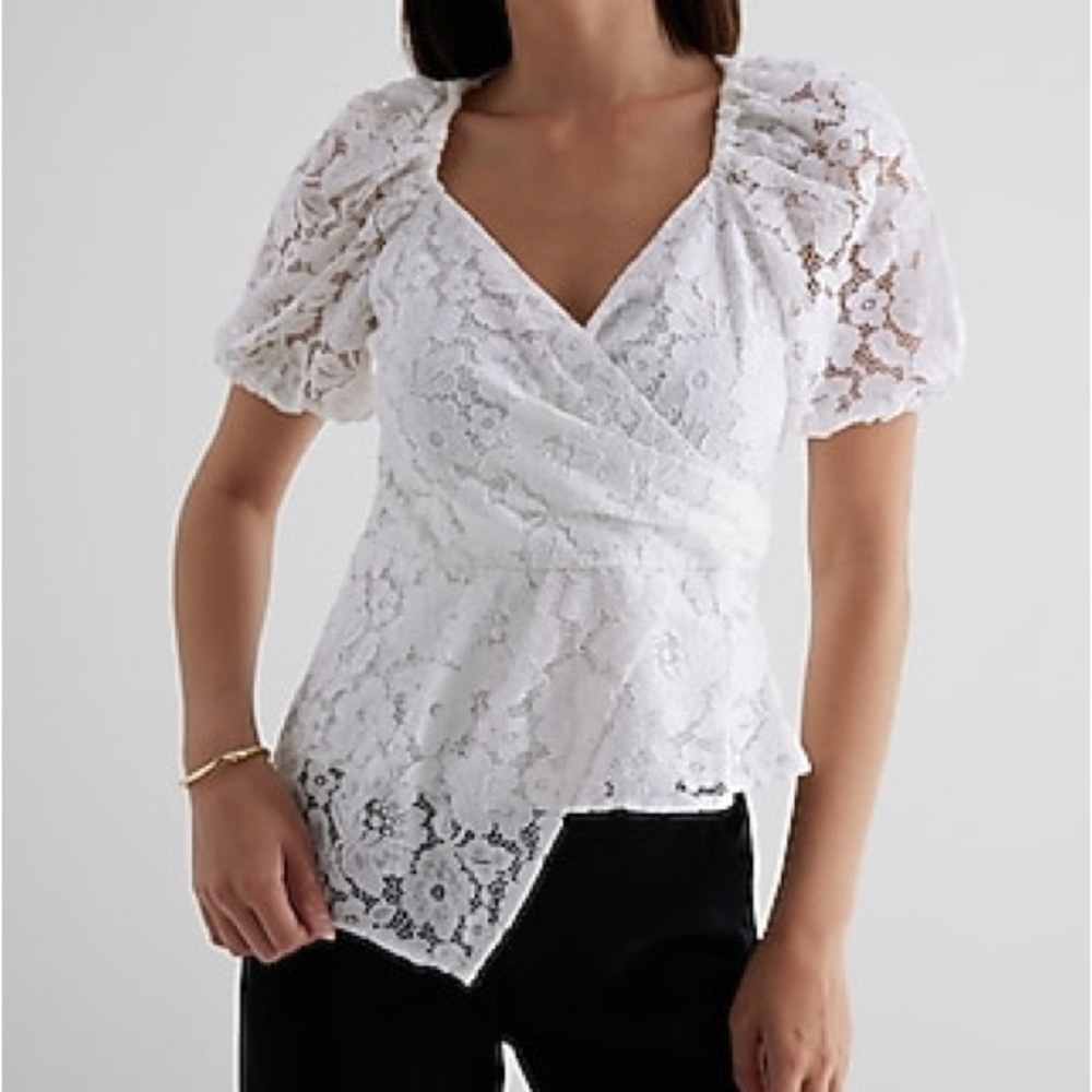 Express White Lace Puff Sleeve Blouse Angled Hem